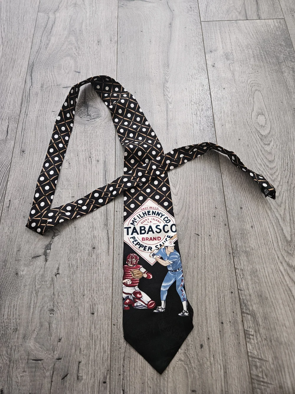 Y2K Tabasco Black 100% Silk Tie with Red and Blue Baseball Graphics